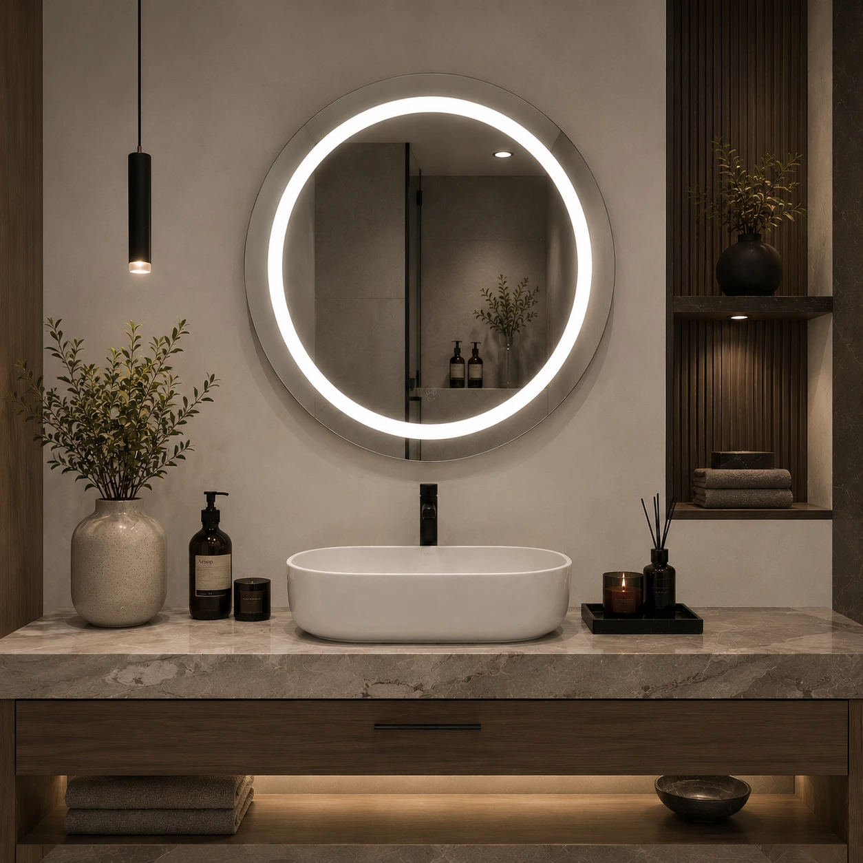 Round Mirror with Front LED Lighting