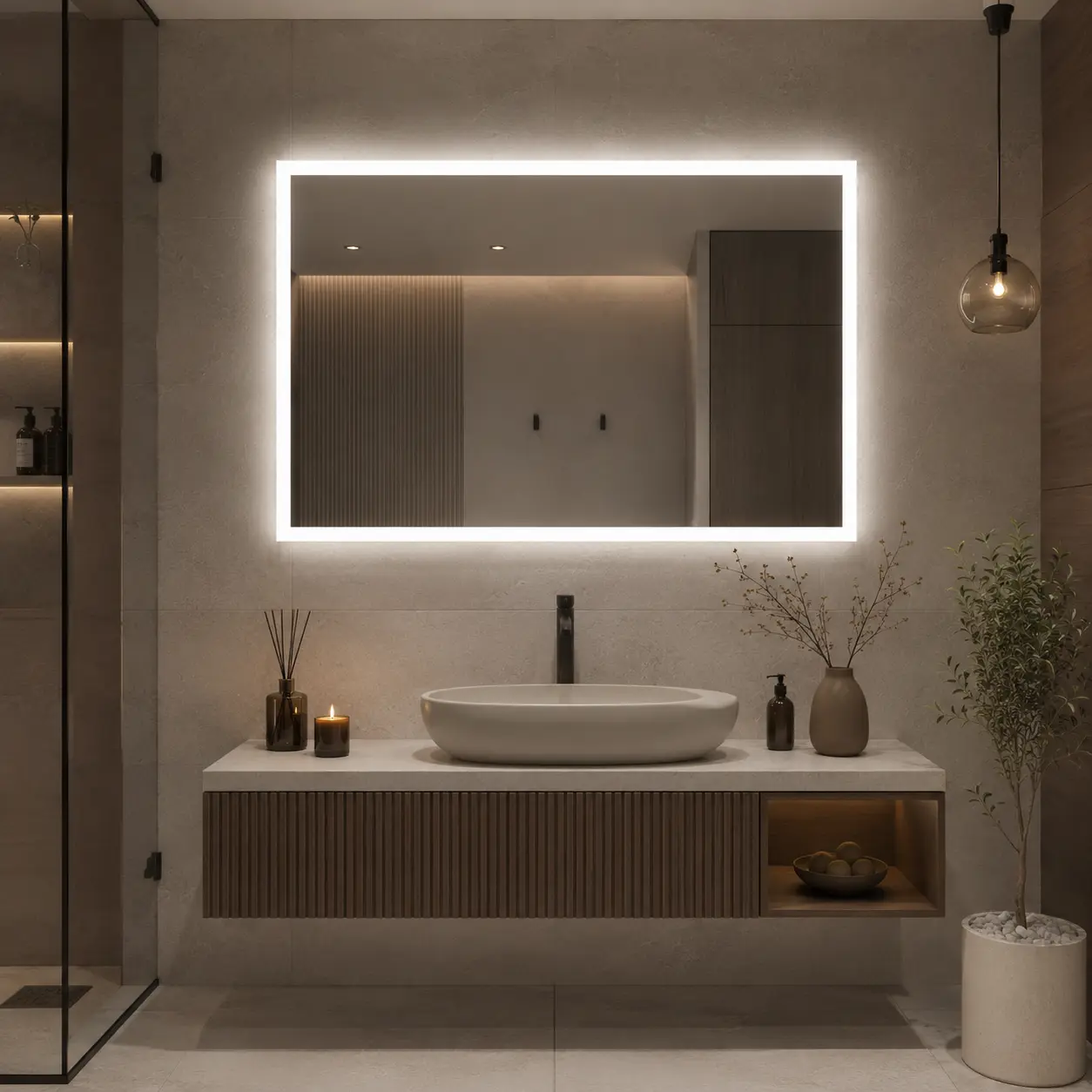 Rectangular Mirror with External Edge Lighting