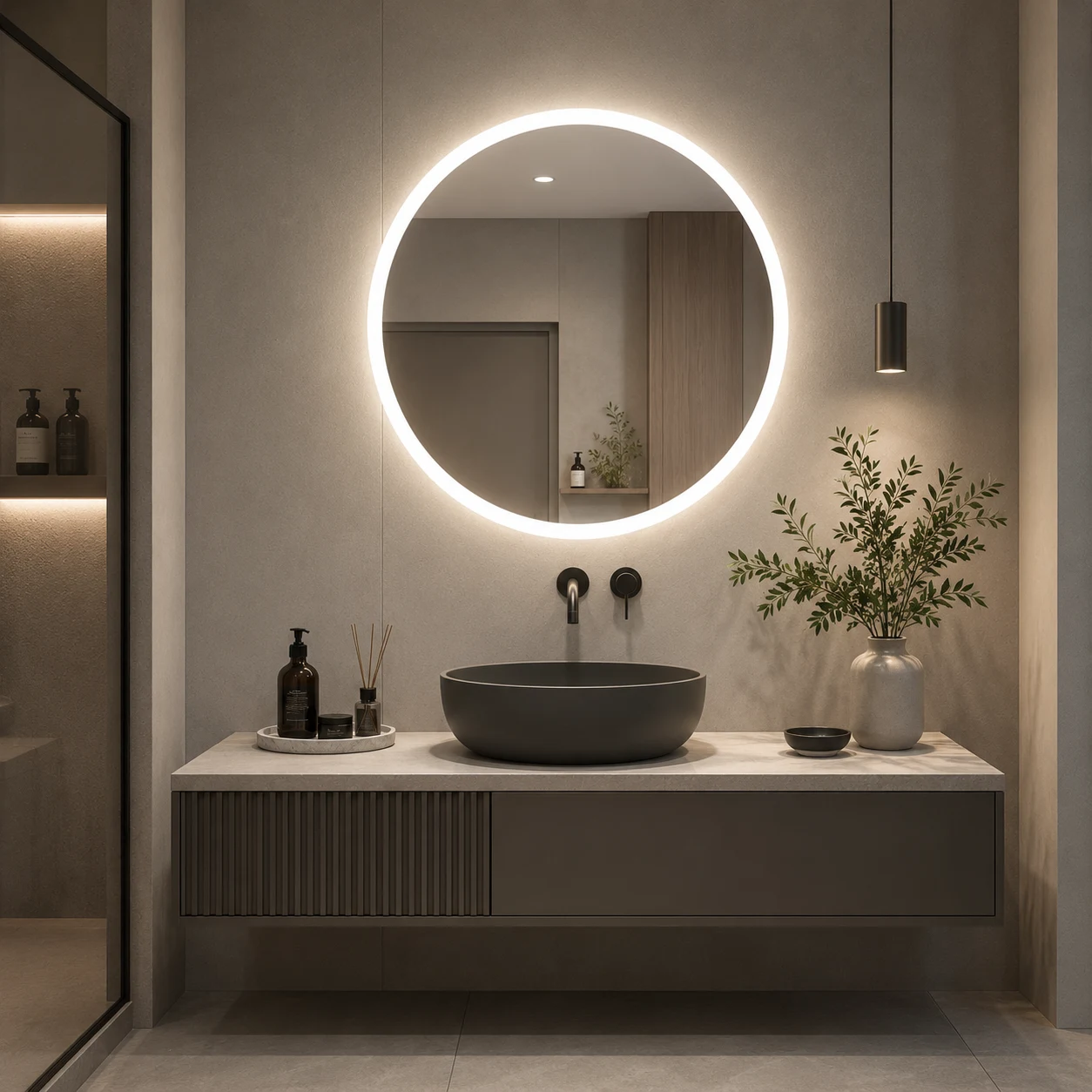 Round Mirror with External Edge Lighting
