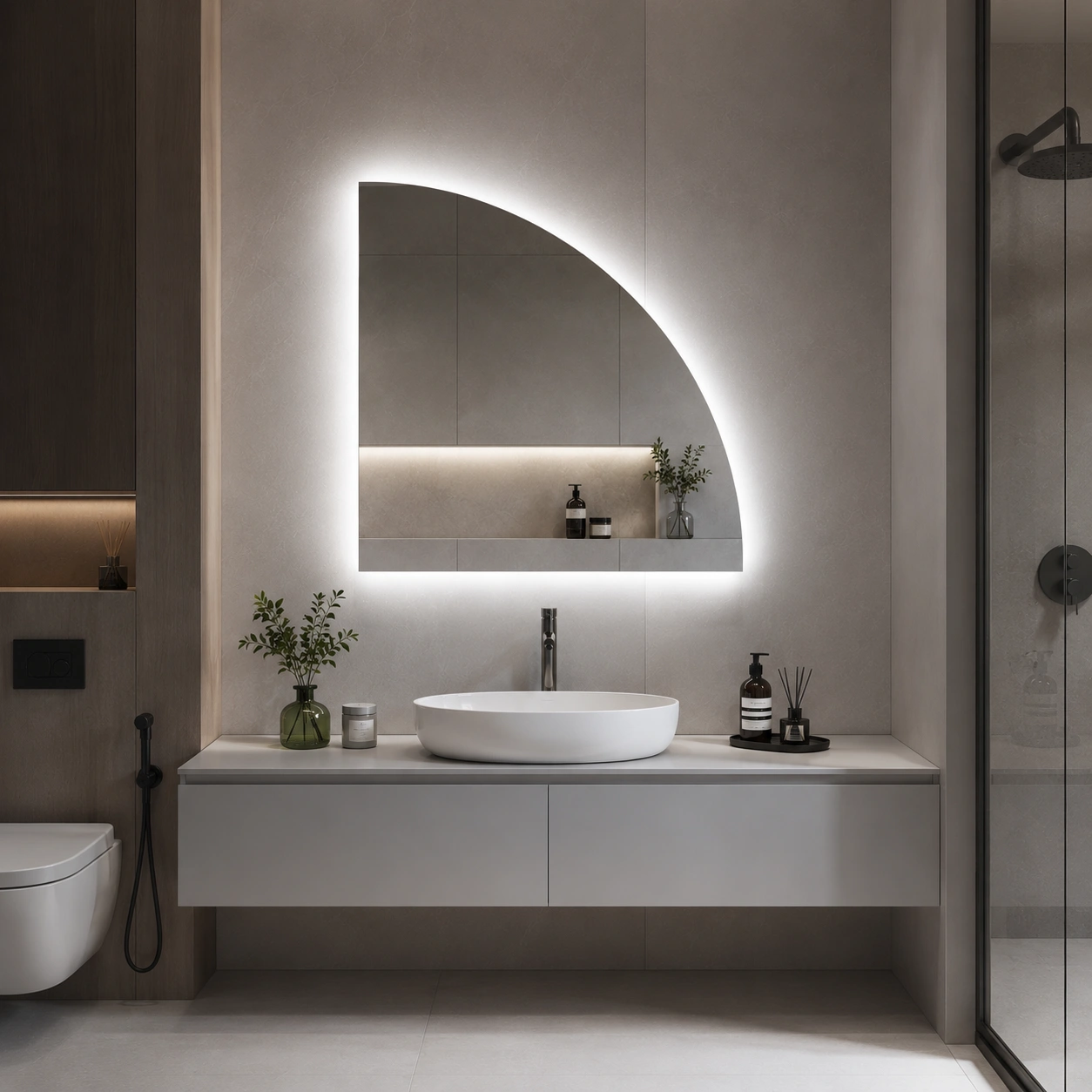 Quarter Circle Mirror with Back LED Lighting
