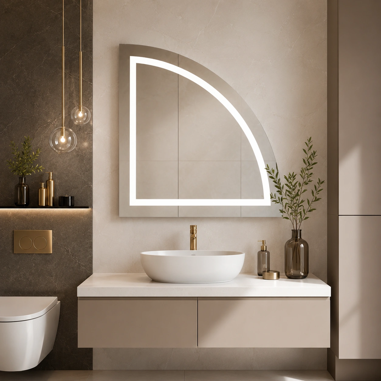 Quarter Circle Mirror with Front LED Lighting