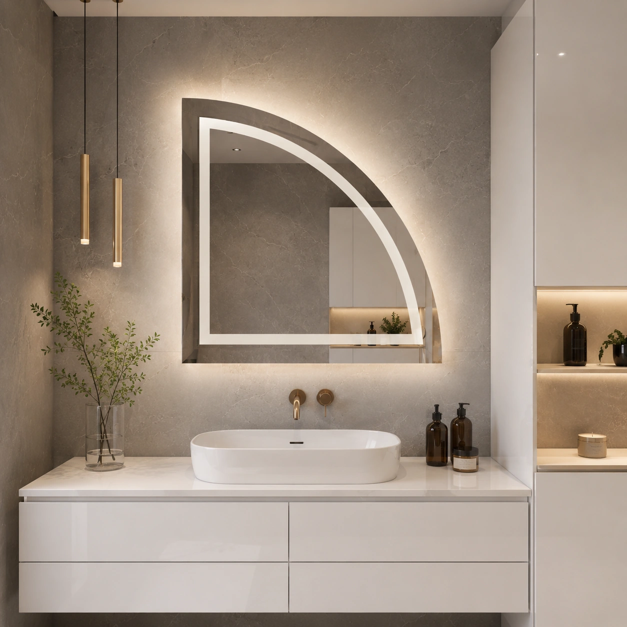 Quarter Circle Mirror with Front and Back LED Lighting