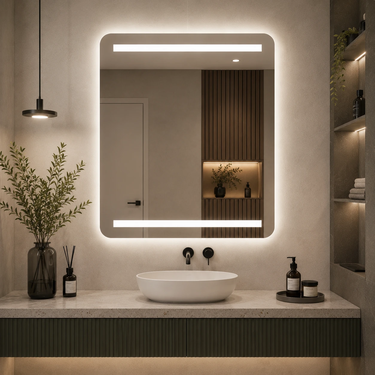 Rounded Rectangle Mirror R50 with Front Top, Bottom and Back LED Lighting