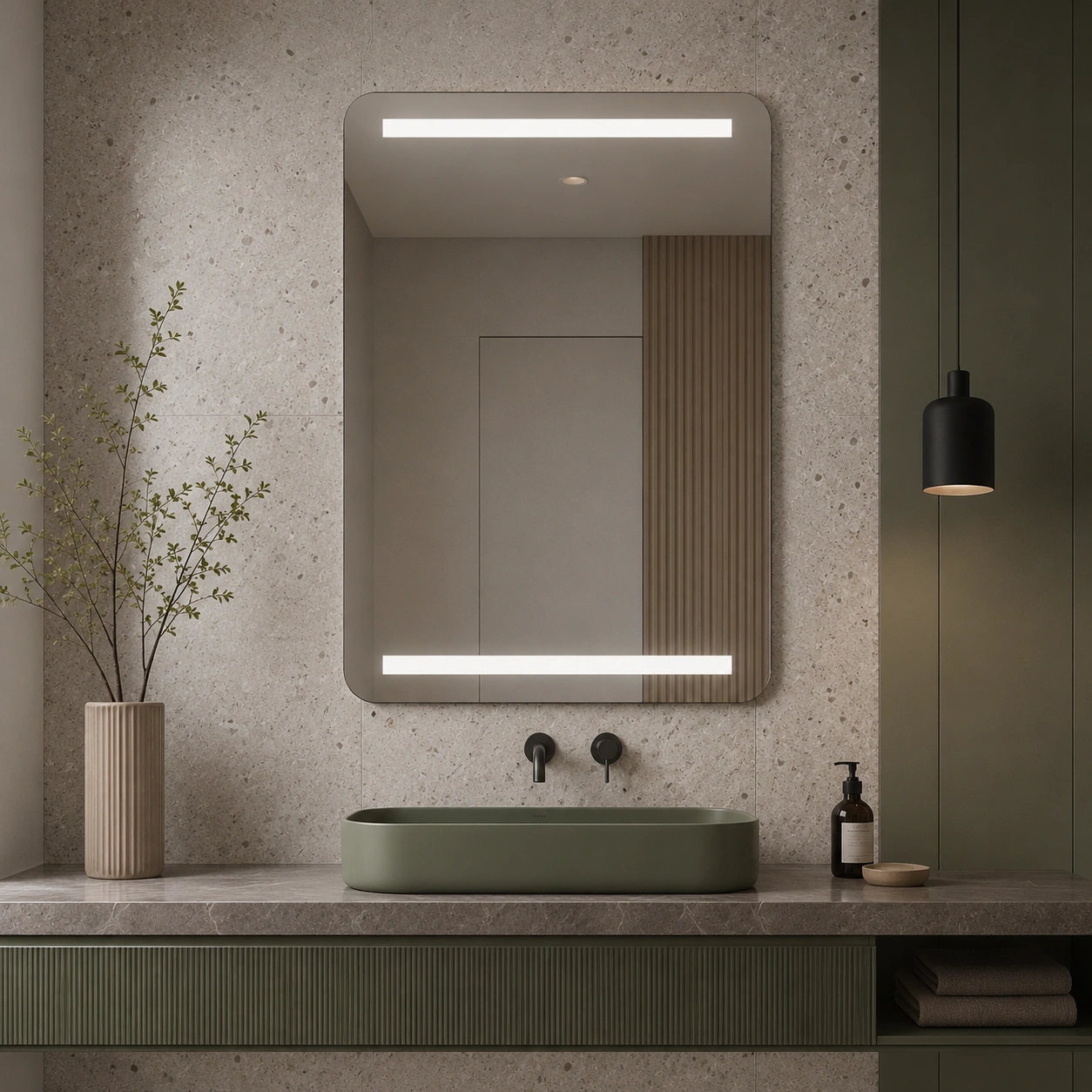 Rounded Rectangle Mirror R50 with Front Top and Bottom LED Lighting
