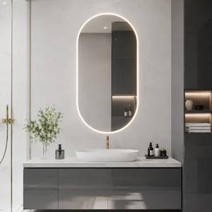 Rounded Rectangle Mirror with Semi-Circular Top and Bottom with External LED Lighting