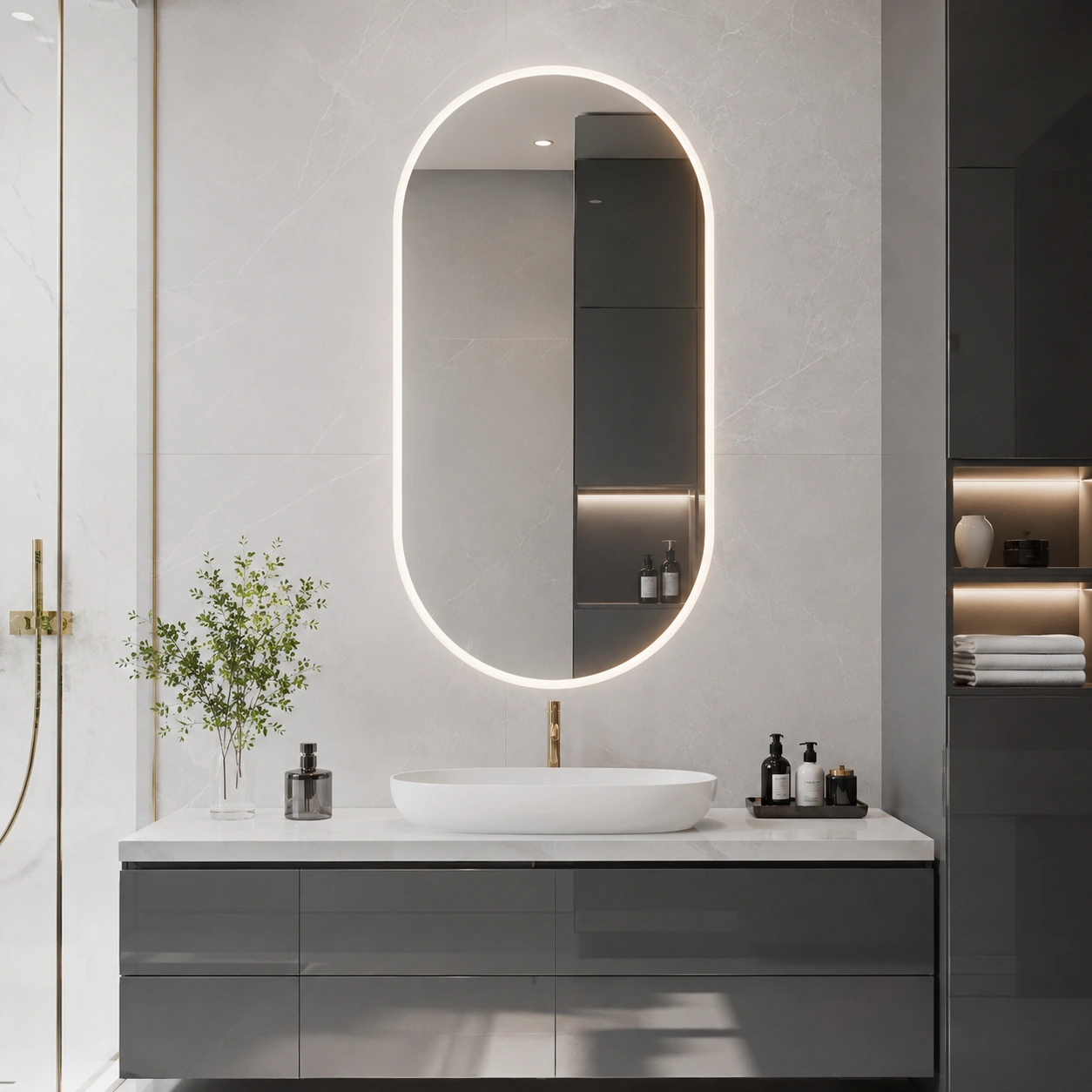 Rounded Rectangle Mirror with Semi-Circular Top and Bottom with External LED Lighting