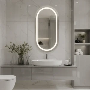 Rounded Rectangle Mirror with Semi-Circular Top and Bottom with Front LED Lighting