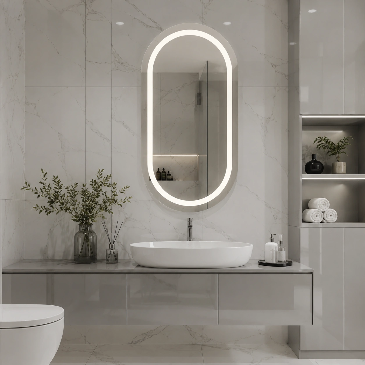 Rounded Rectangle Mirror with Semi-Circular Top and Bottom with Front LED Lighting