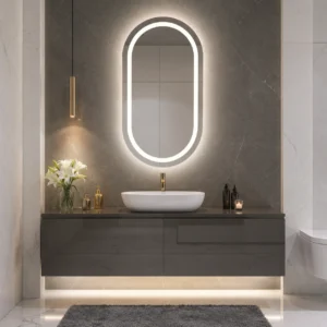 Rounded Rectangle Mirror with Semi-Circular Top and Bottom with Front and Back LED Lighting