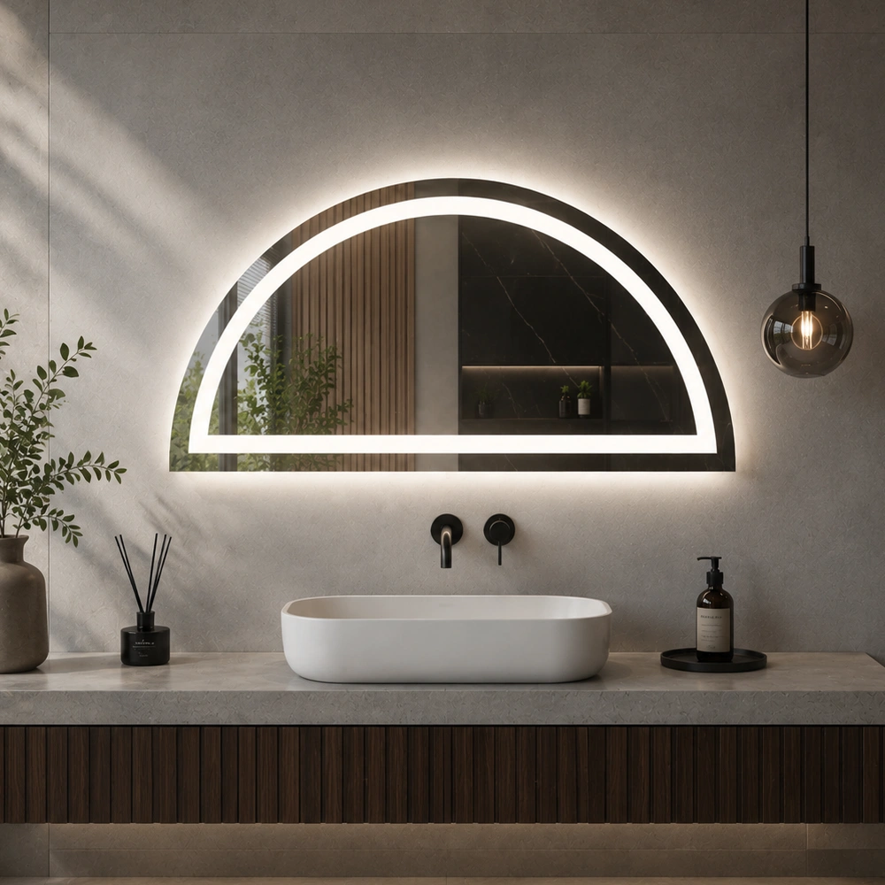Semi-Circular Mirror with Front and Back LED Lighting