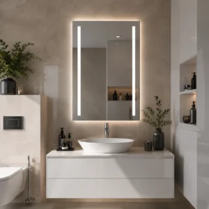 Rectangular Mirror with Front Left, Right and Back LED Lighting