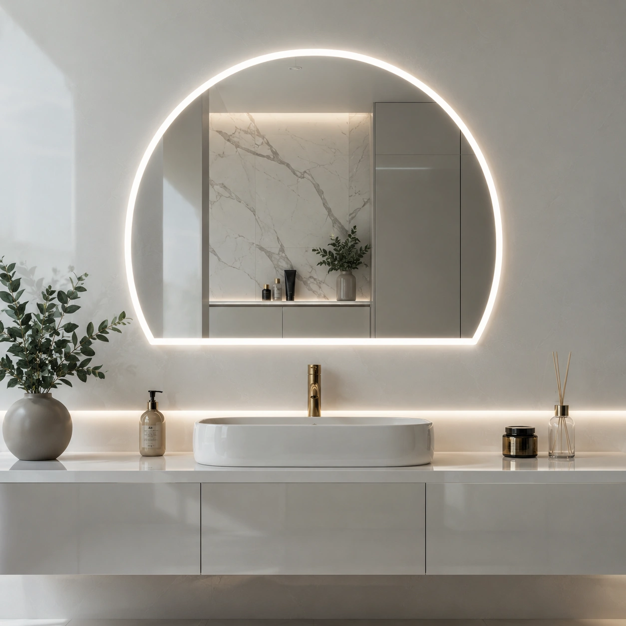 Three-Quarter Circle Mirror with External LED Lighting
